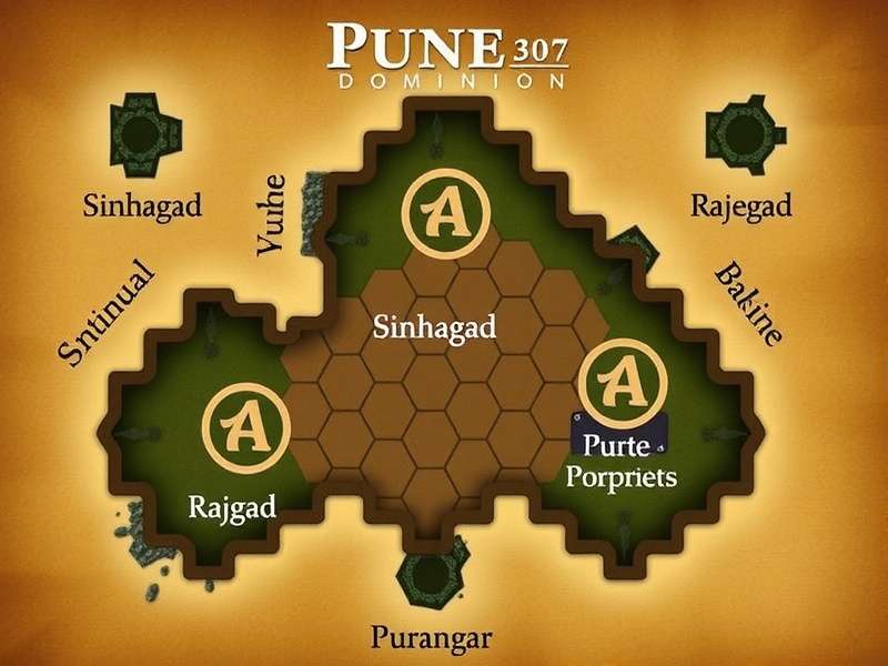 Pune Dominion map showing optimal fort placement strategy around Pune with Sinhagad, Purandar, and Rajgad forts