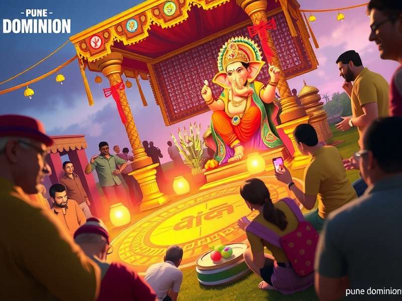 Pune Dominion Ganesh Chaturthi celebration in-game with pandal, rangoli, and civilians gathered for prayers